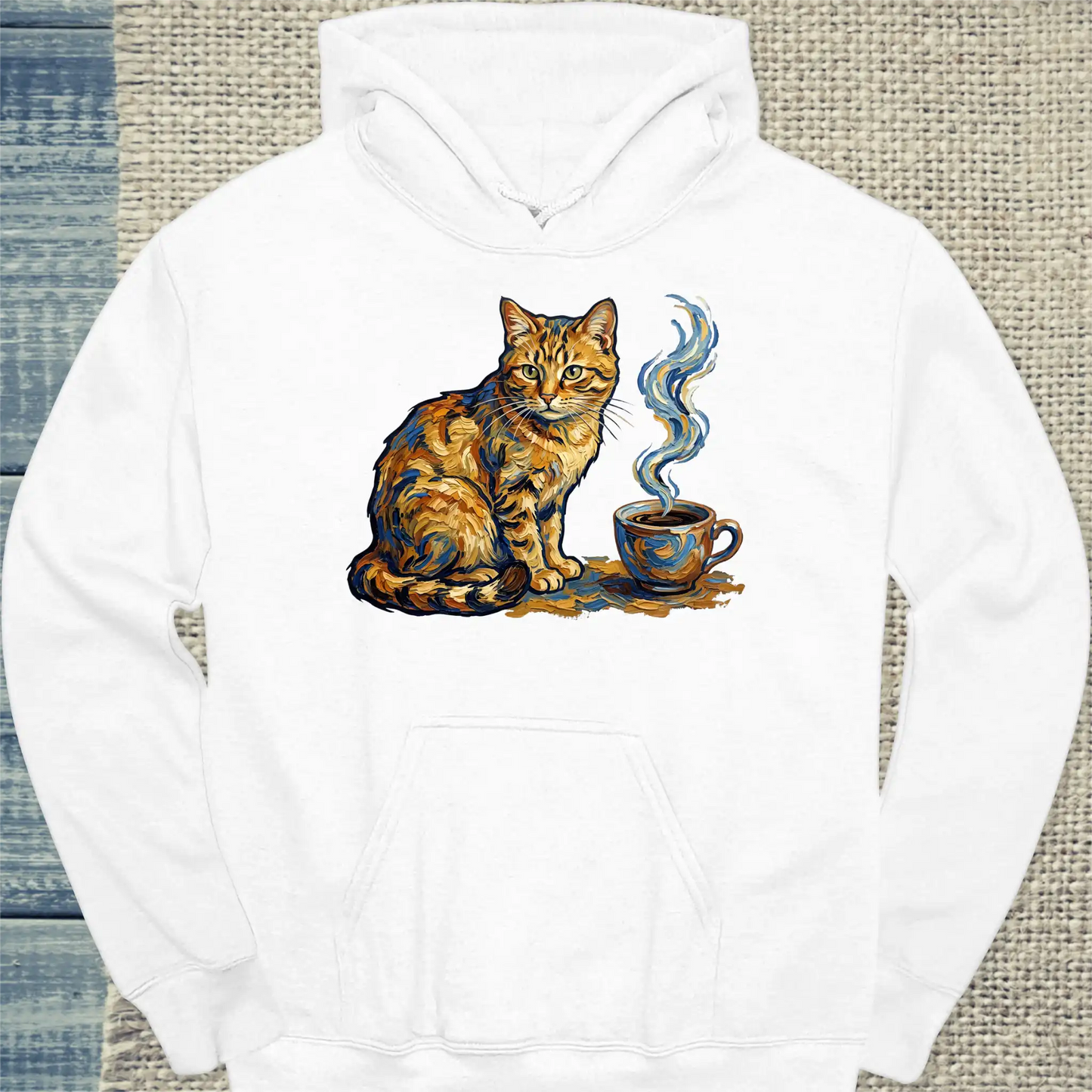 Hoodie - Van Gogh Cat - Unisex - Katze & Kaffee, Kunst Weiß