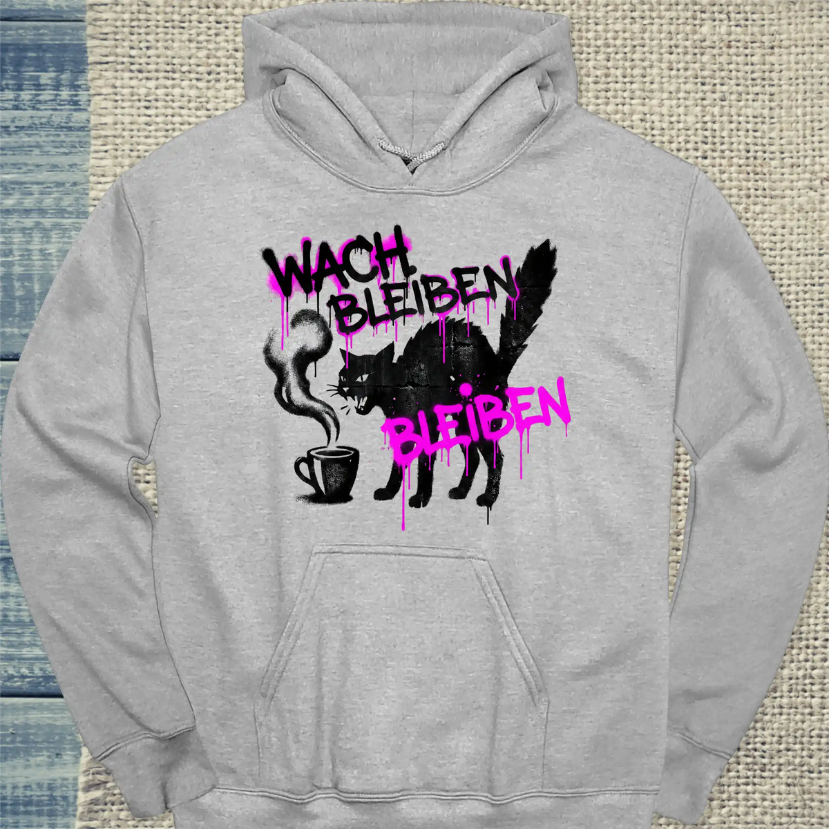 Hoodie - Wach bleiben - Unisex - Katze & Kaffee Grau