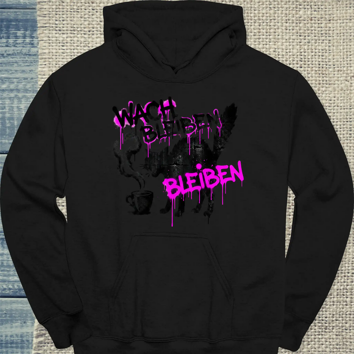 Hoodie - Wach bleiben - Unisex - Katze & Kaffee Schwarz