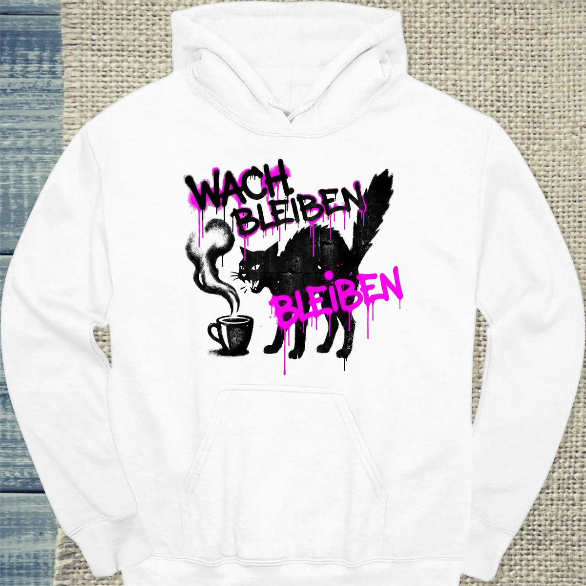Hoodie - Wach bleiben - Unisex - Katze & Kaffee Weiß