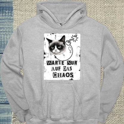 Hoodie - Warte nur auf das Chaos - Unisex - Katze Grau