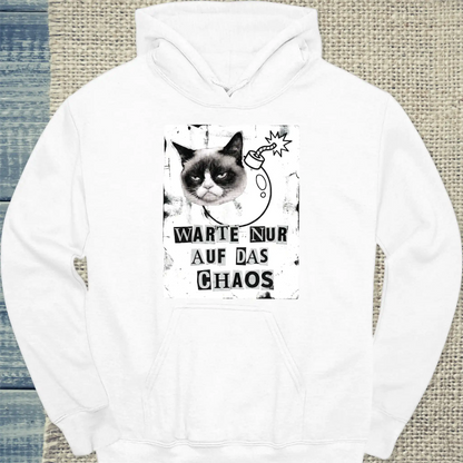 Hoodie - Warte nur auf das Chaos - Unisex - Katze Weiß