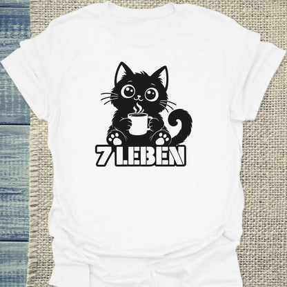 T-Shirt - 7 Leben - Unisex - Katze & Kaffee Weiß