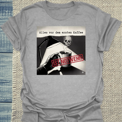 T-Shirt - Alles vor dem ersten Kaffee ist Notwehr - Unisex - Katze, Kaffee Grau