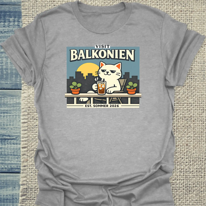 T-Shirt - Balkonien - Unisex - Katze & Kaffee, Sommer Grau