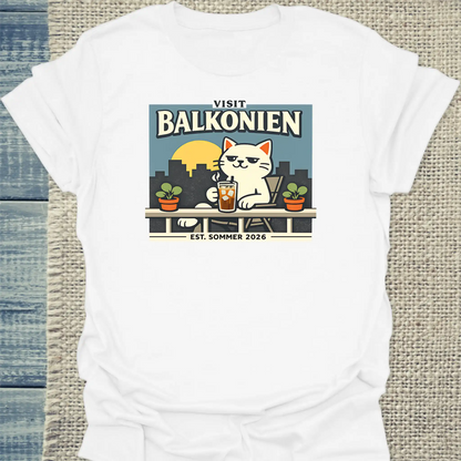 T-Shirt - Balkonien - Unisex - Katze & Kaffee, Sommer Weiß