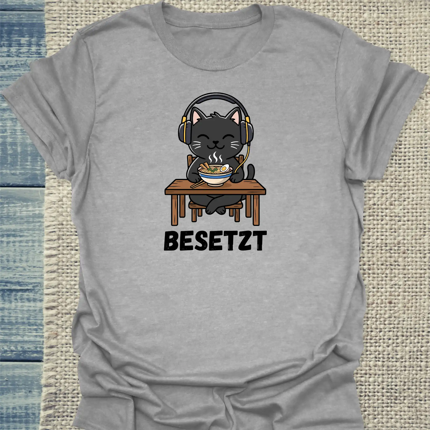 T-Shirt - Besetzt - Unisex - Katze, Ramen Grau