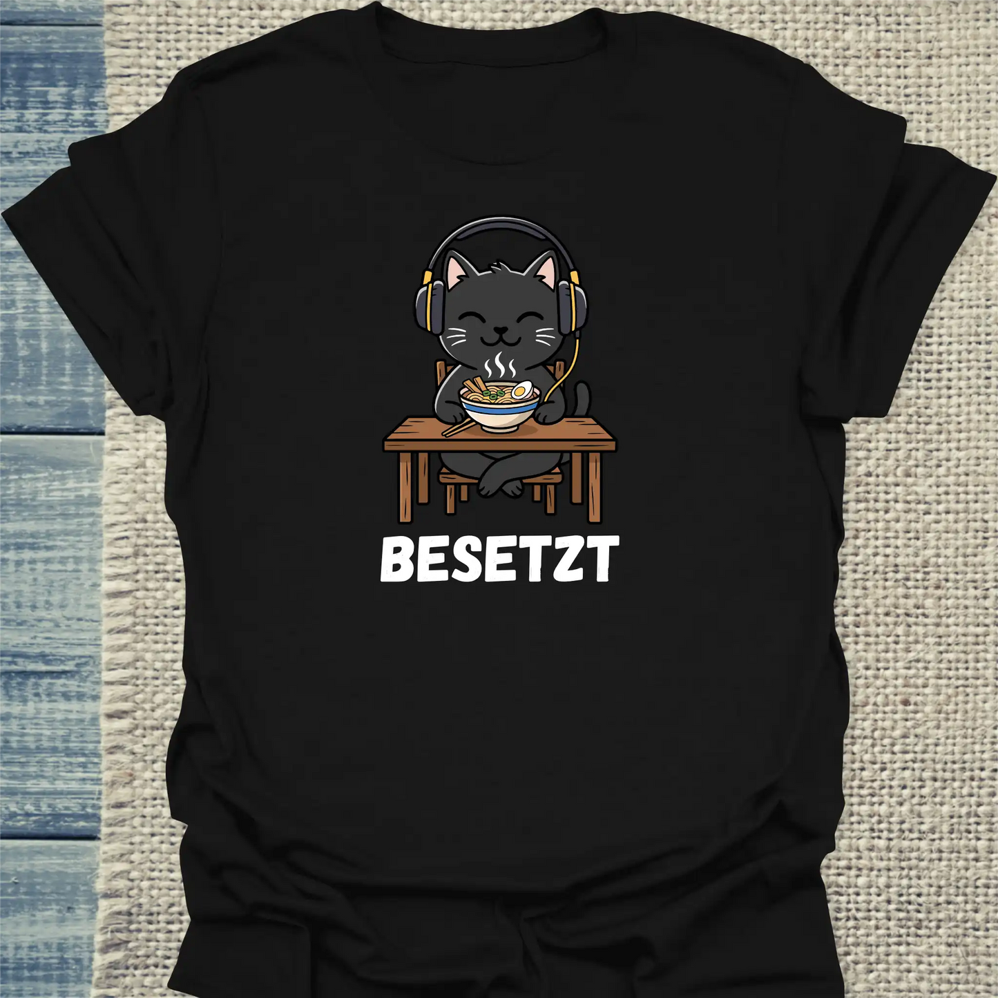 T-Shirt - Besetzt - Unisex - Katze, Ramen Schwarz