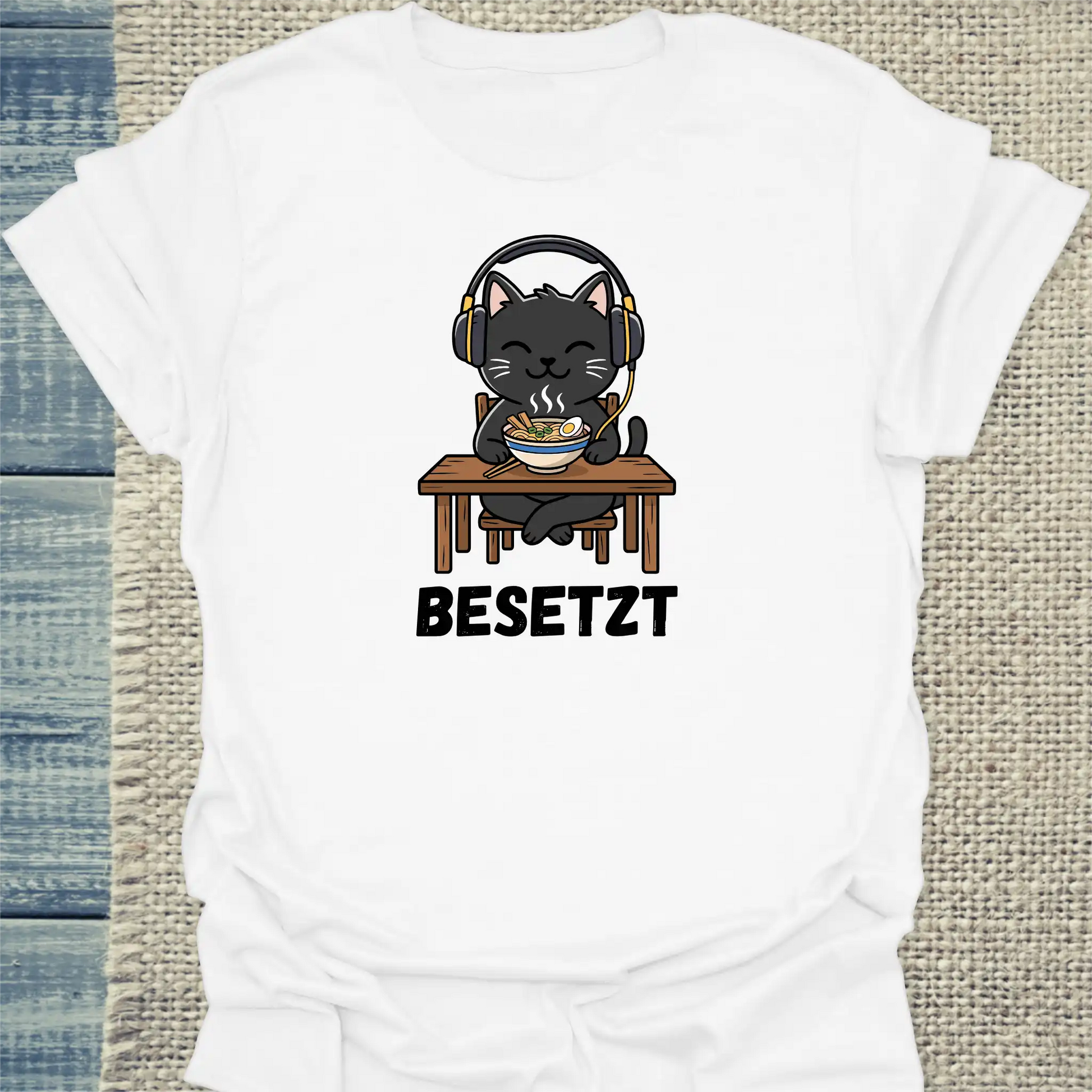 T-Shirt - Besetzt - Unisex - Katze, Ramen Weiß