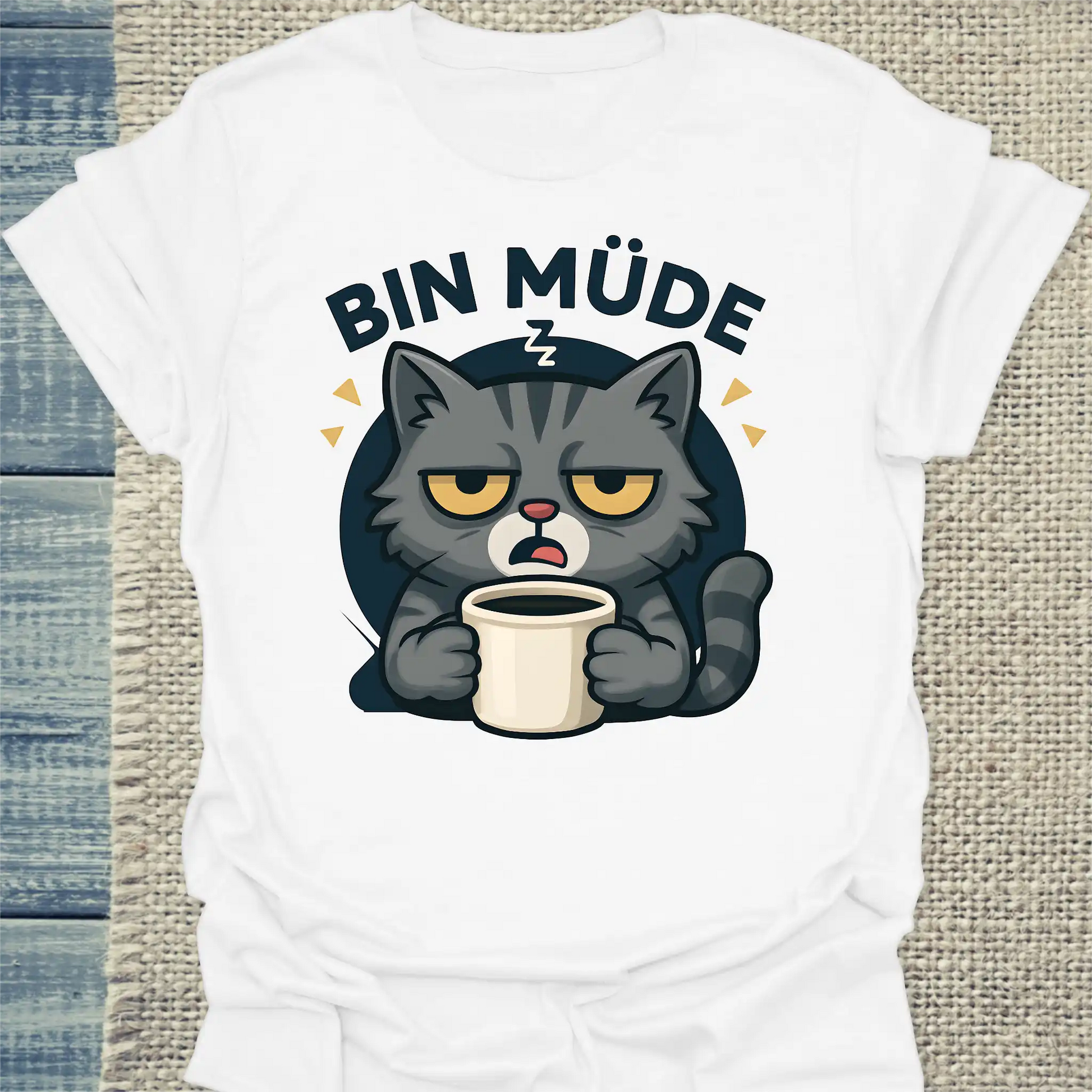 T-Shirt - Bin Müde - Unisex - Katze & Kaffee Weiß