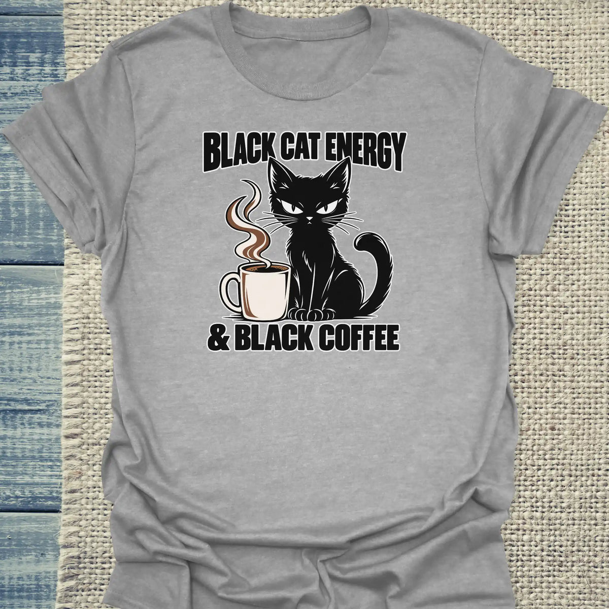 T-Shirt - Black Cat Energy - Unisex - Katze & Kaffee Grau