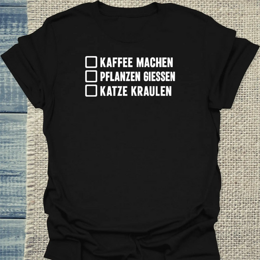 T-Shirt - Botanik To-Do - Unisex - Katze & Kaffee Schwarz