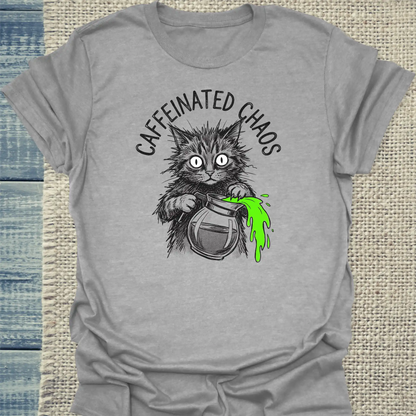 T-Shirt - CAFFEINATED CHAOS - Unisex - Katze & Kaffee Grau