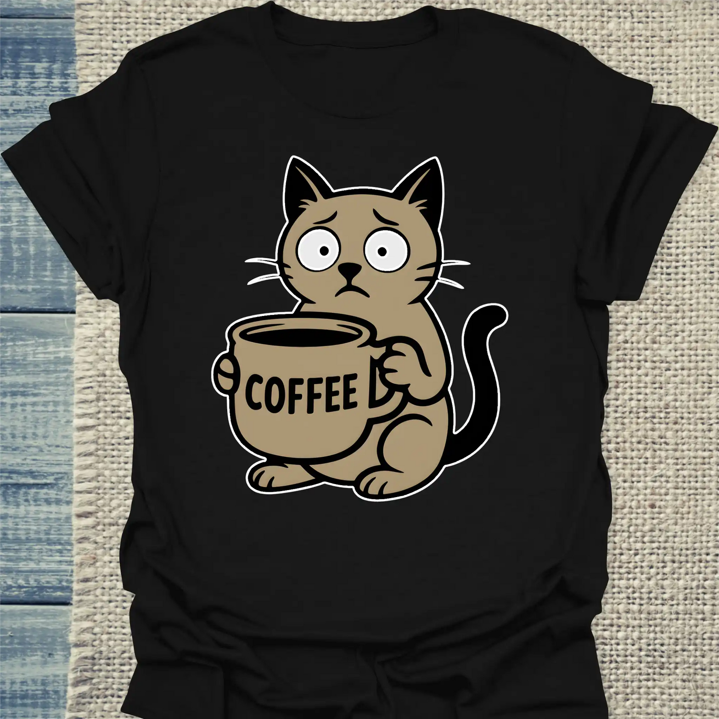 T-Shirt - Cat with Coffee - Unisex - Katze & Kaffee Schwarz
