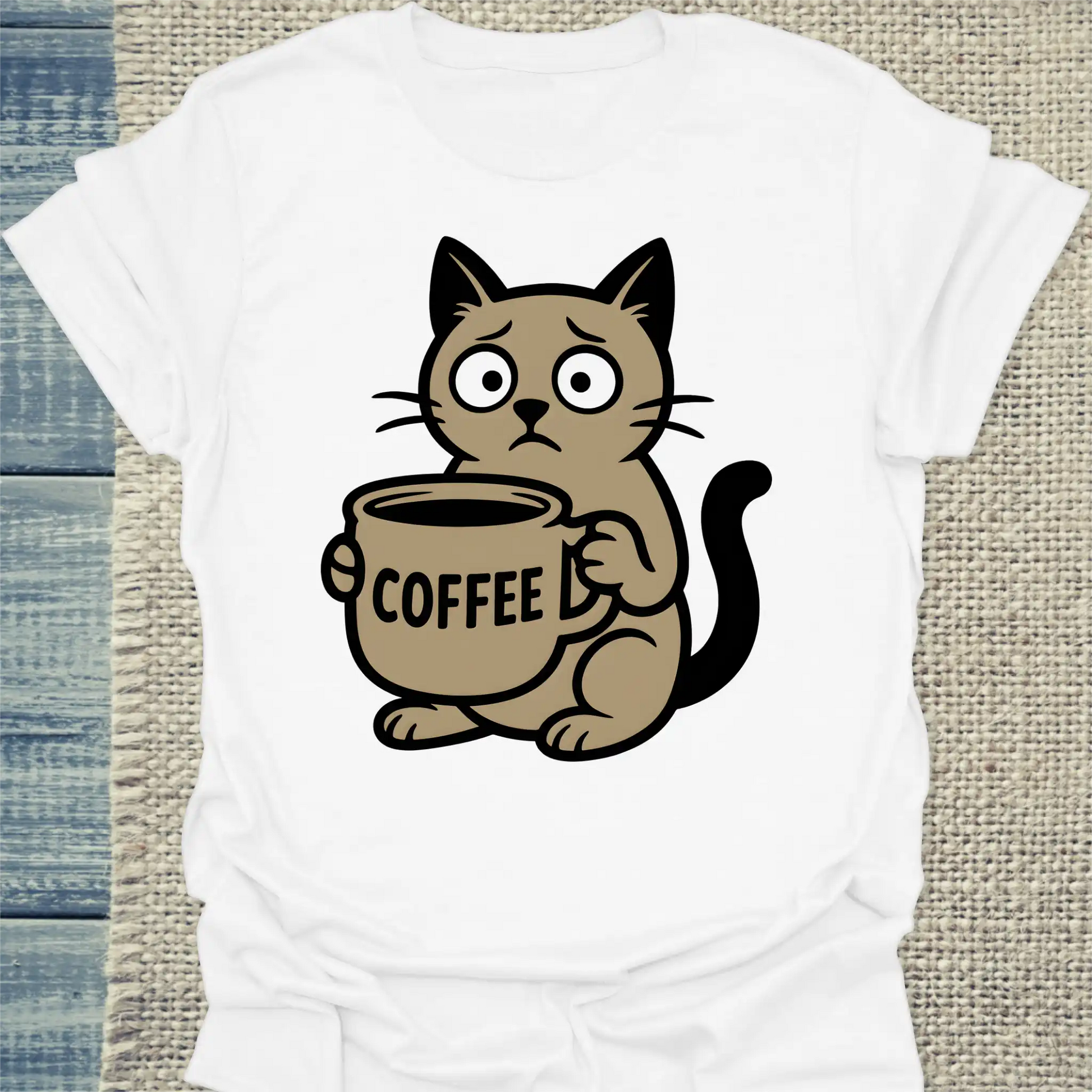T-Shirt - Cat with Coffee - Unisex - Katze & Kaffee Weiß