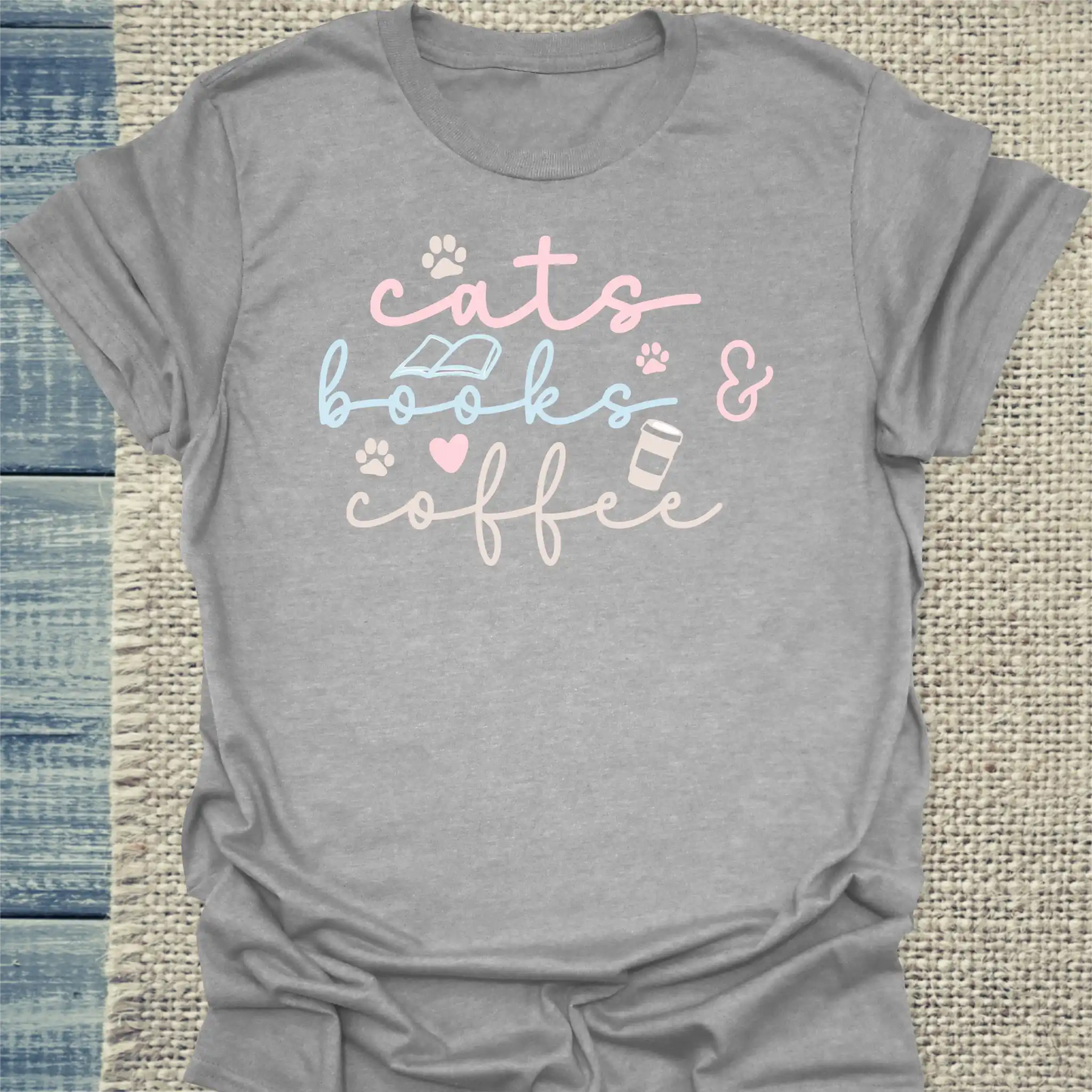 T-Shirt - cats, books & coffee - Unisex - Katze, Kaffee Grau