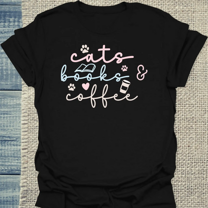 T-Shirt - cats, books & coffee - Unisex - Katze, Kaffee Schwarz