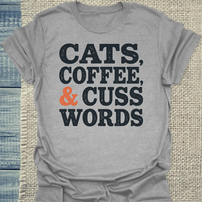 T-Shirt - Cats, Coffee, and Cuss Words - Unisex - Katze Grau