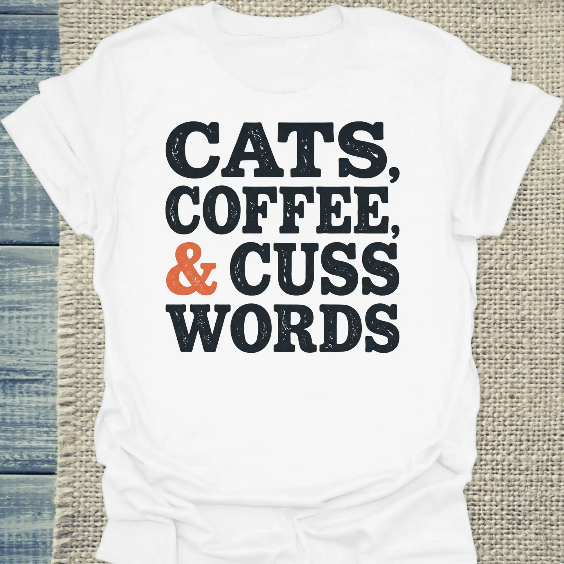T-Shirt - Cats, Coffee, and Cuss Words - Unisex - Katze Weiß