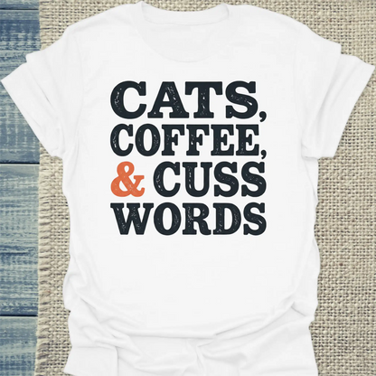 T-Shirt - Cats, Coffee, and Cuss Words - Unisex - Katze Weiß