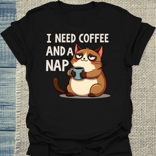 T-Shirt - Coffee and a nap - Unisex - Katze & Kaffee Schwarz