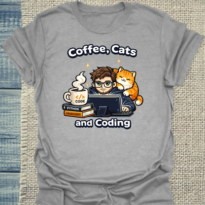 T-Shirt - Coffee, Cats and Coding - Unisex - Katze & Kaffee, Cat Guy Grau