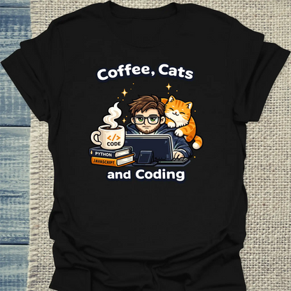 T-Shirt - Coffee, Cats and Coding - Unisex - Katze & Kaffee, Cat Guy Schwarz