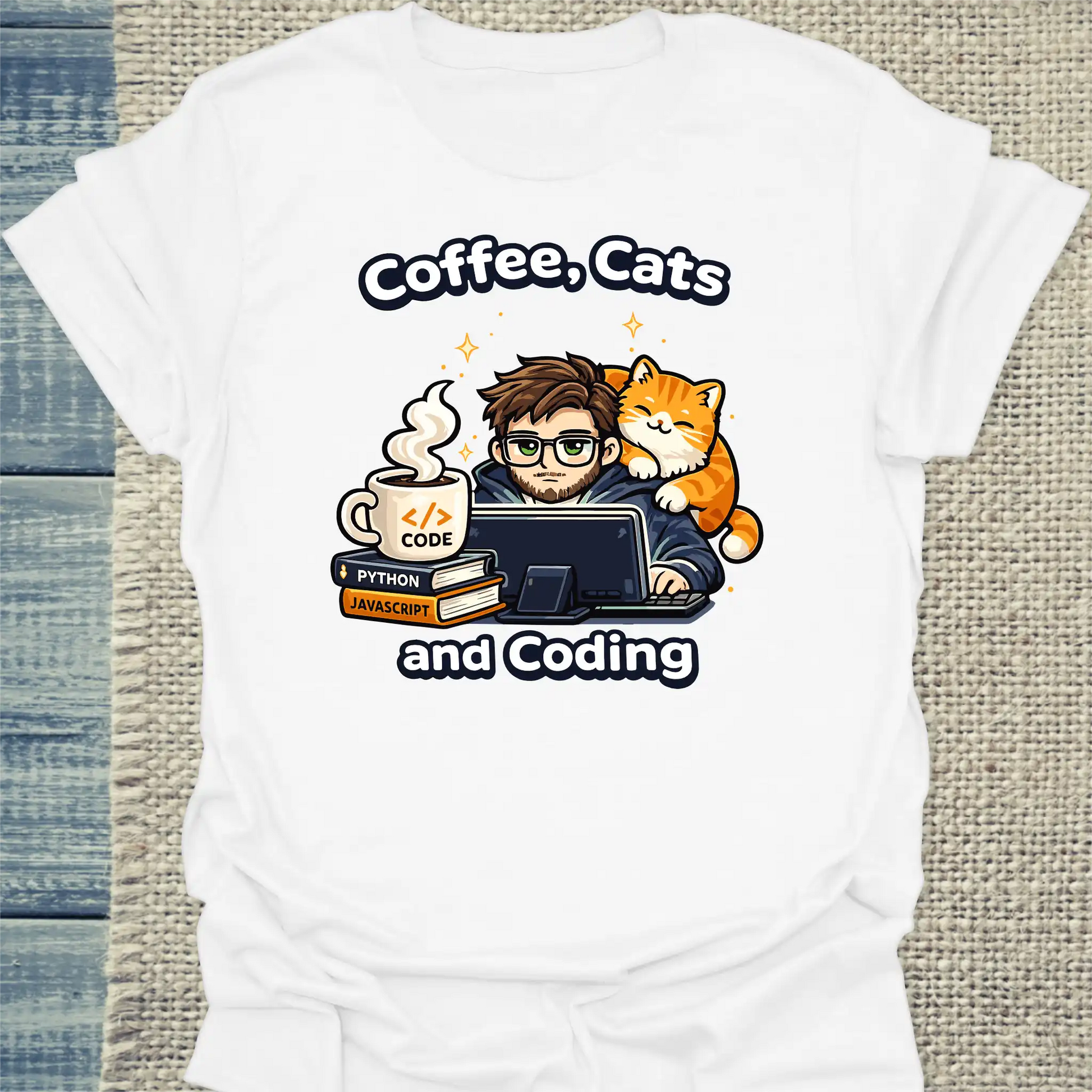 T-Shirt - Coffee, Cats and Coding - Unisex - Katze & Kaffee, Cat Guy Weiß