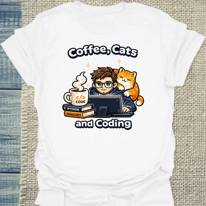 T-Shirt - Coffee, Cats and Coding - Unisex - Katze & Kaffee, Cat Guy Weiß