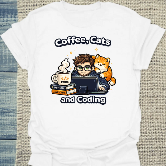T-Shirt - Coffee, Cats and Coding - Unisex - Katze & Kaffee, Cat Guy Weiß