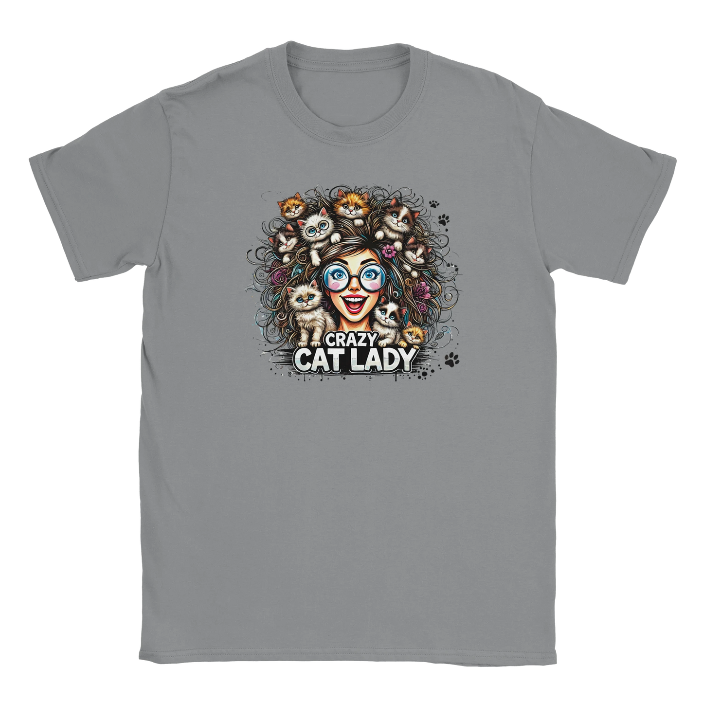 T-Shirt - Crazy Cat Laydy - bunt - Unisex - Kaffee, Cat Lady Grau
