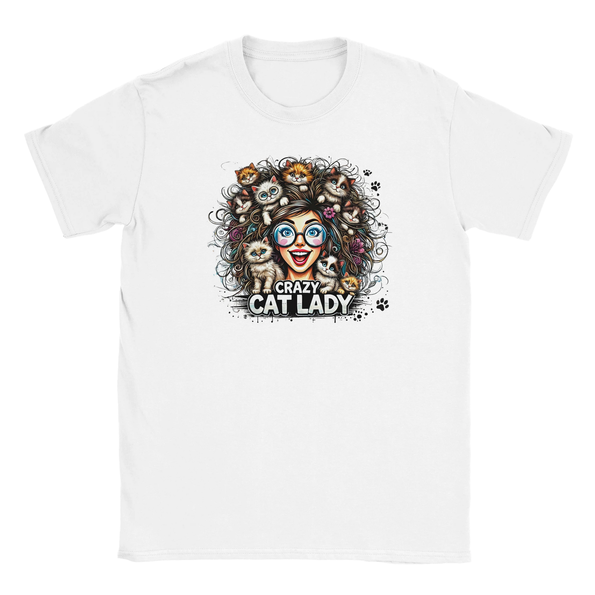 T-Shirt - Crazy Cat Laydy - bunt - Unisex - Kaffee, Cat Lady Weiß