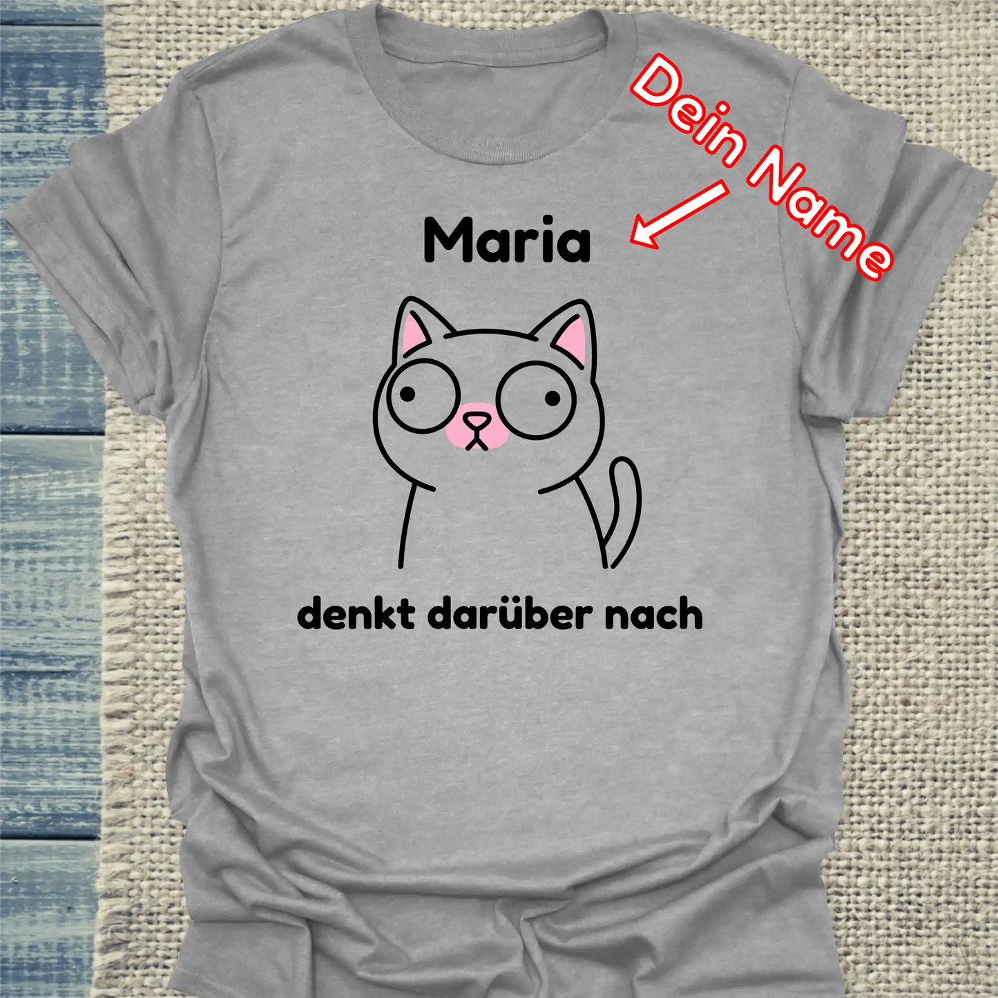 T-Shirt - denkt darüber nach - Unisex - Katze, Personalisiert Grau