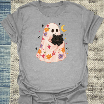 T-Shirt - Floral Ghost - Unisex - Katze, Halloween Grau