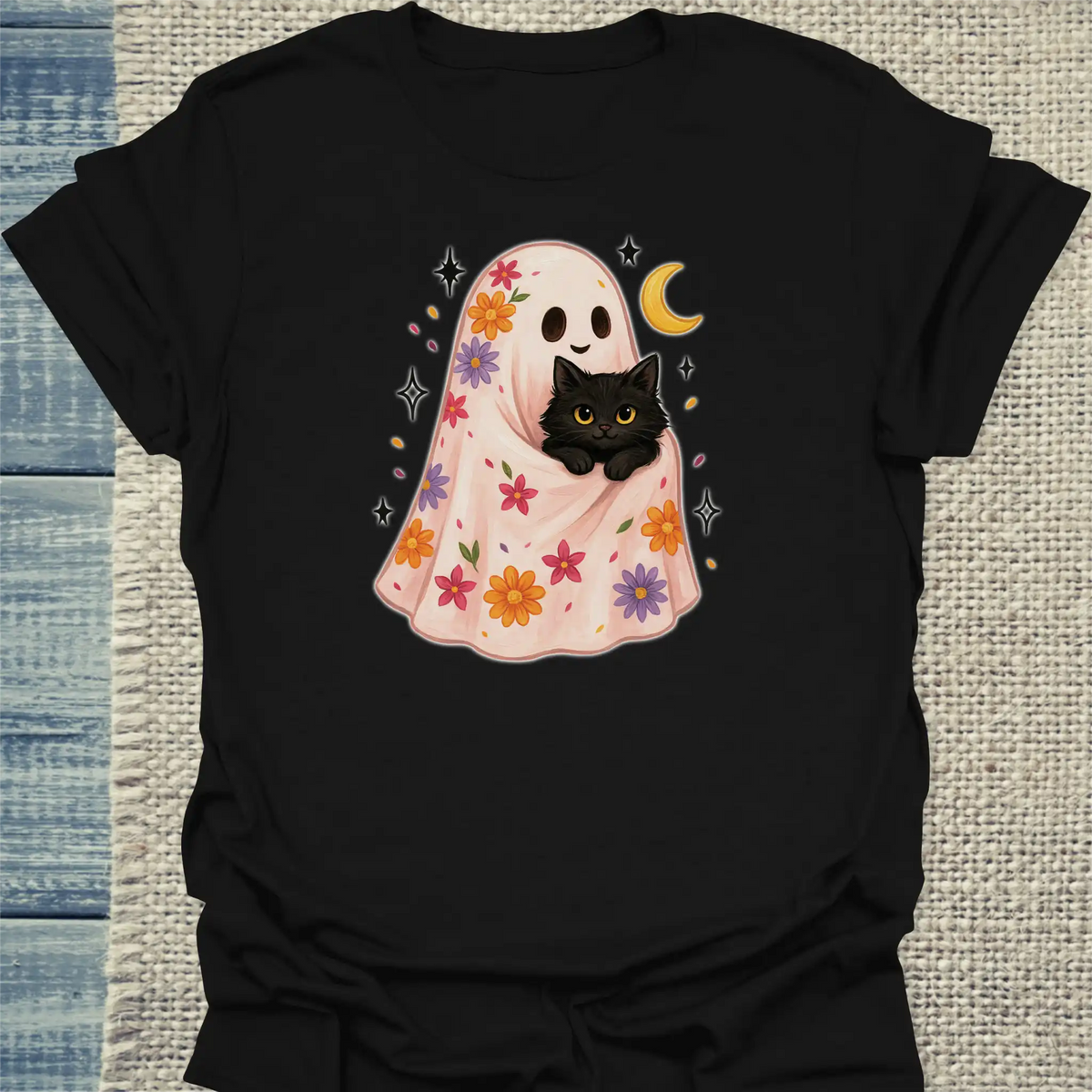 T-Shirt - Floral Ghost - Unisex - Katze, Halloween Schwarz