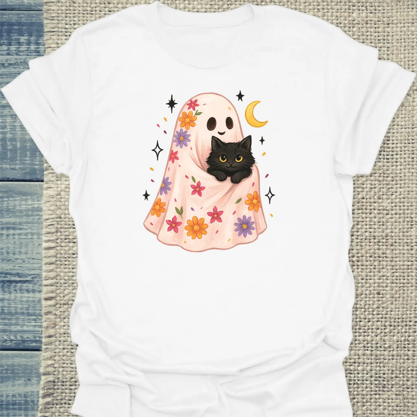 T-Shirt - Floral Ghost - Unisex - Katze, Halloween Weiß