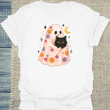 T-Shirt - Floral Ghost - Unisex - Katze, Halloween Weiß