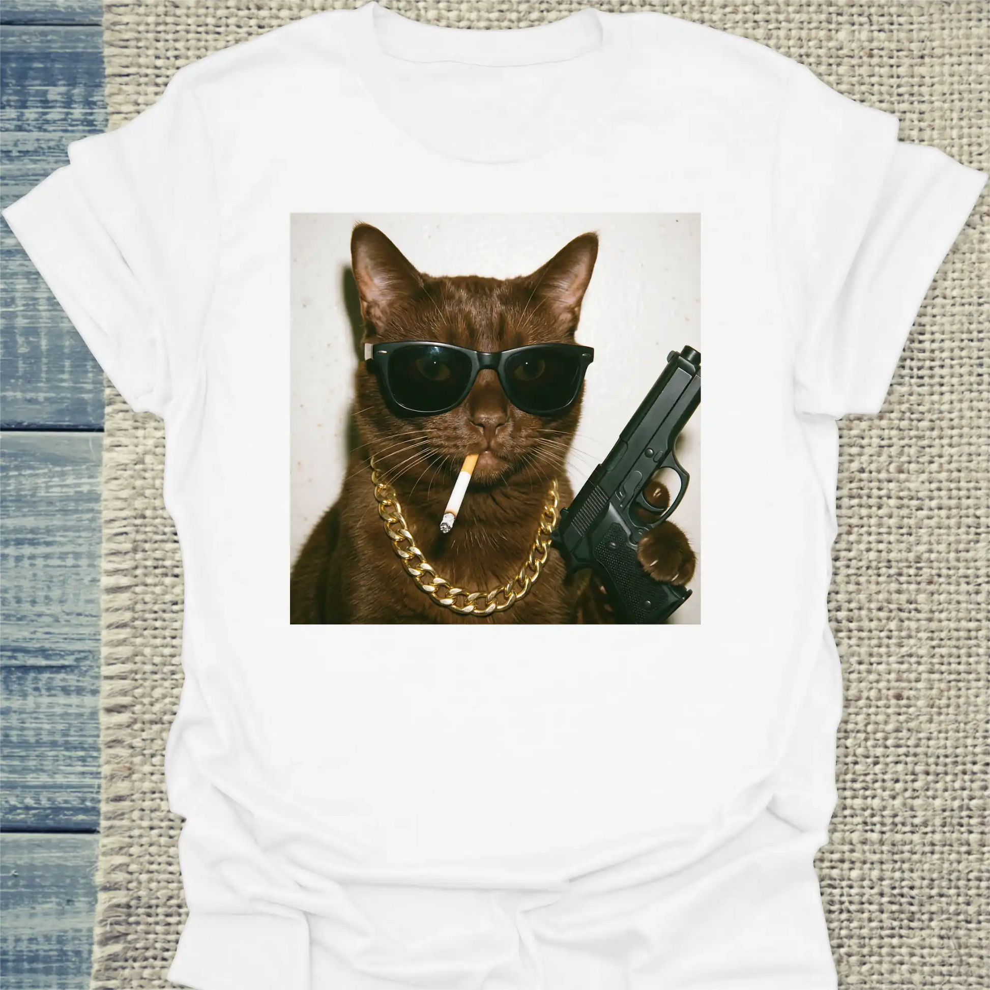 T-Shirt - Gangster Cat - Unisex - Katze & Cat Guy Weiß
