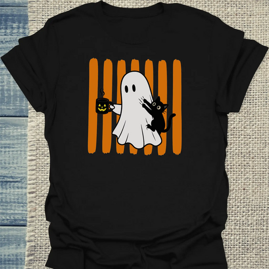 T-Shirt - Geist und Katze - Unisex - Katze & Kaffee, Halloween Schwarz