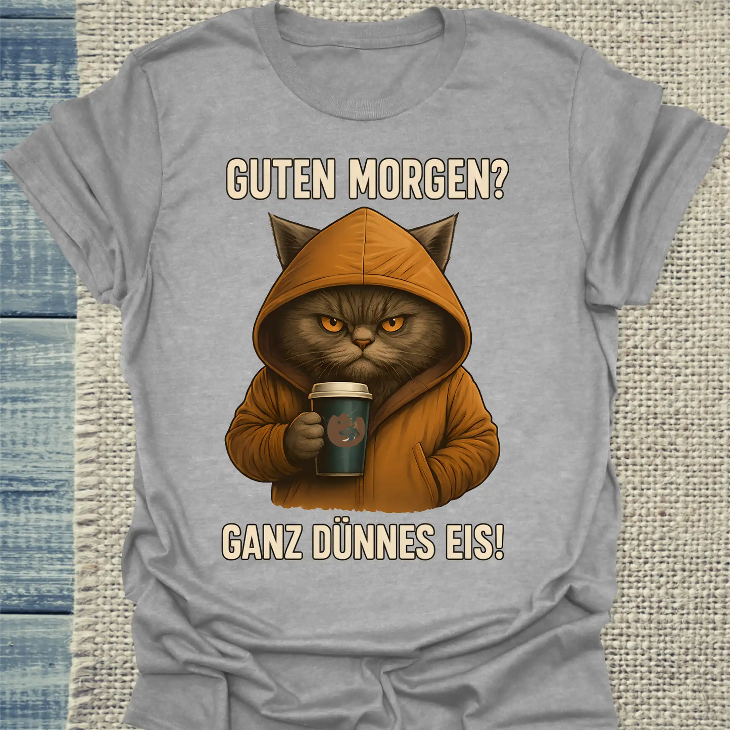 T-Shirt - Guten Morgen? Ganz dünnes Eis! - Unisex - Katze, Kaffee Grau