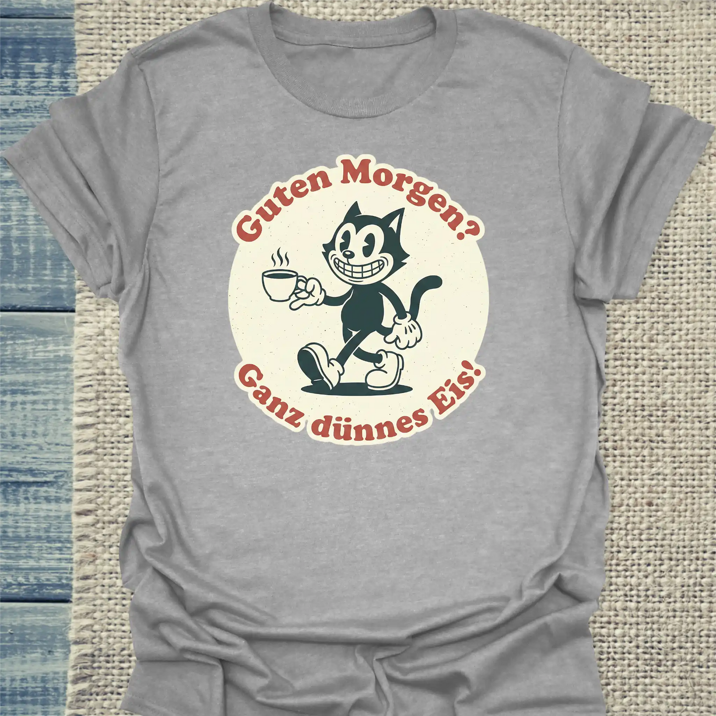 T-Shirt - Guten Morgen? Ganz dünnes Eis! Streetware - Unisex - Katze, Kaffee Grau