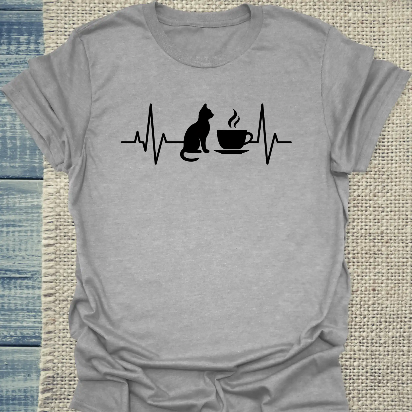 T-Shirt - Herzschlag für Katzen und Kaffee - Unisex - Katze, Kaffee Grau