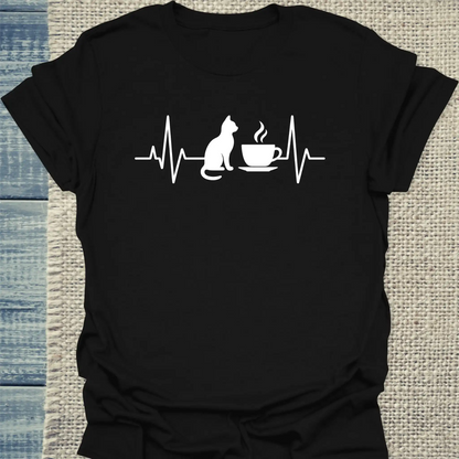T-Shirt - Herzschlag für Katzen und Kaffee - Unisex - Katze, Kaffee Schwarz