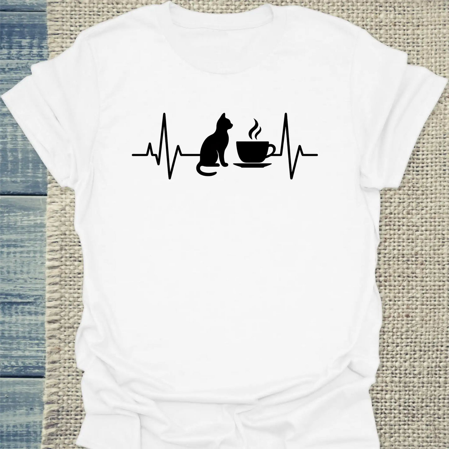 T-Shirt - Herzschlag für Katzen und Kaffee - Unisex - Katze, Kaffee Weiß