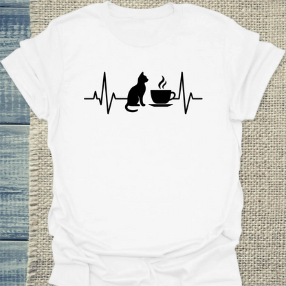 T-Shirt - Herzschlag für Katzen und Kaffee - Unisex - Katze, Kaffee Weiß