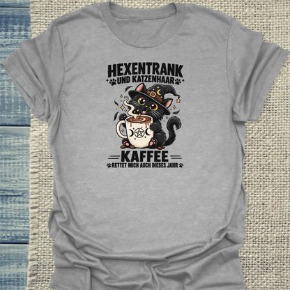 T-Shirt - Hexentrank und Katzenhaar - Unisex - Katze & Kaffee, Halloween Grau
