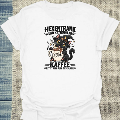 T-Shirt - Hexentrank und Katzenhaar - Unisex - Katze & Kaffee, Halloween Weiß