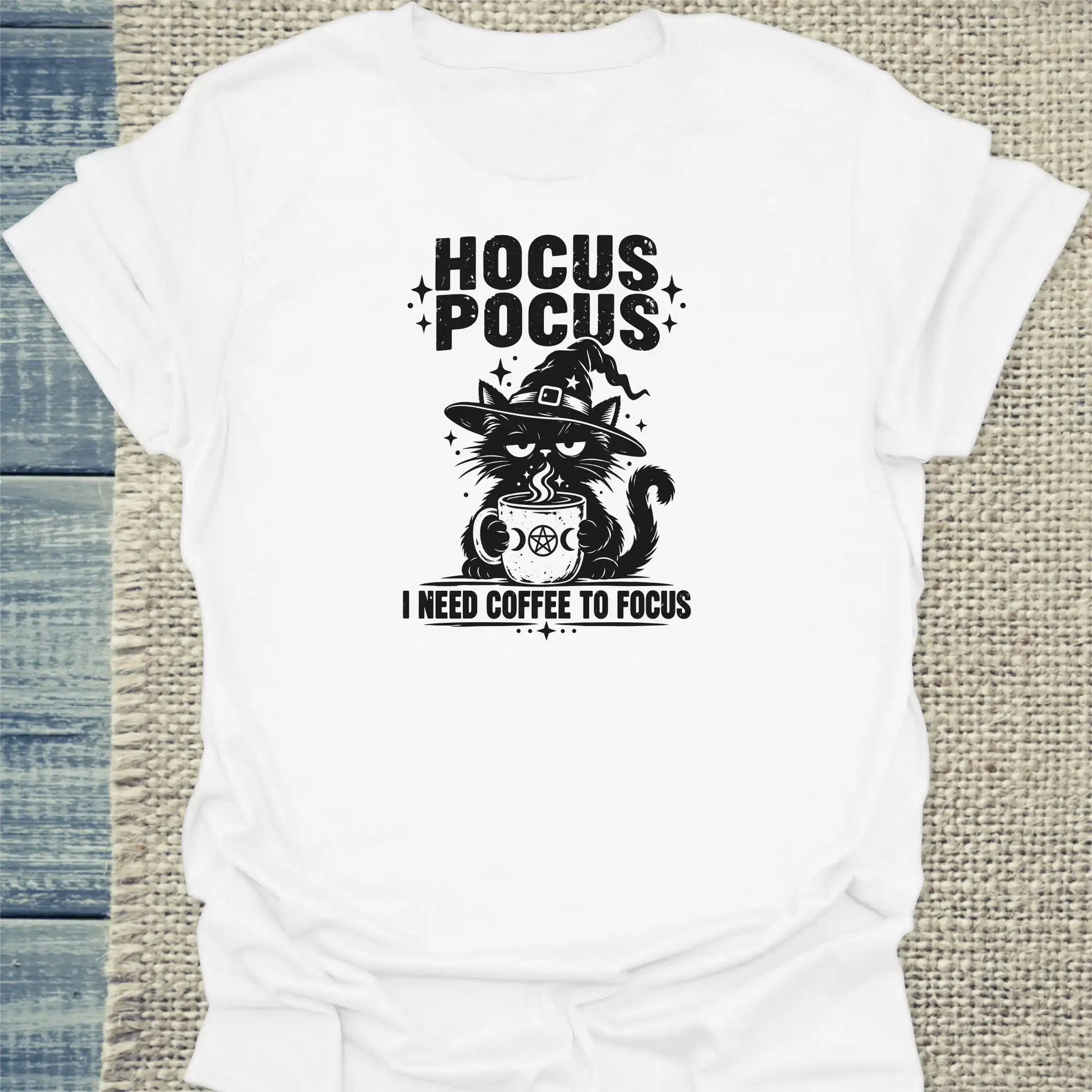 T-Shirt - HOCUS POCUS - Unisex - Katze & Kaffee, Halloween Weiß