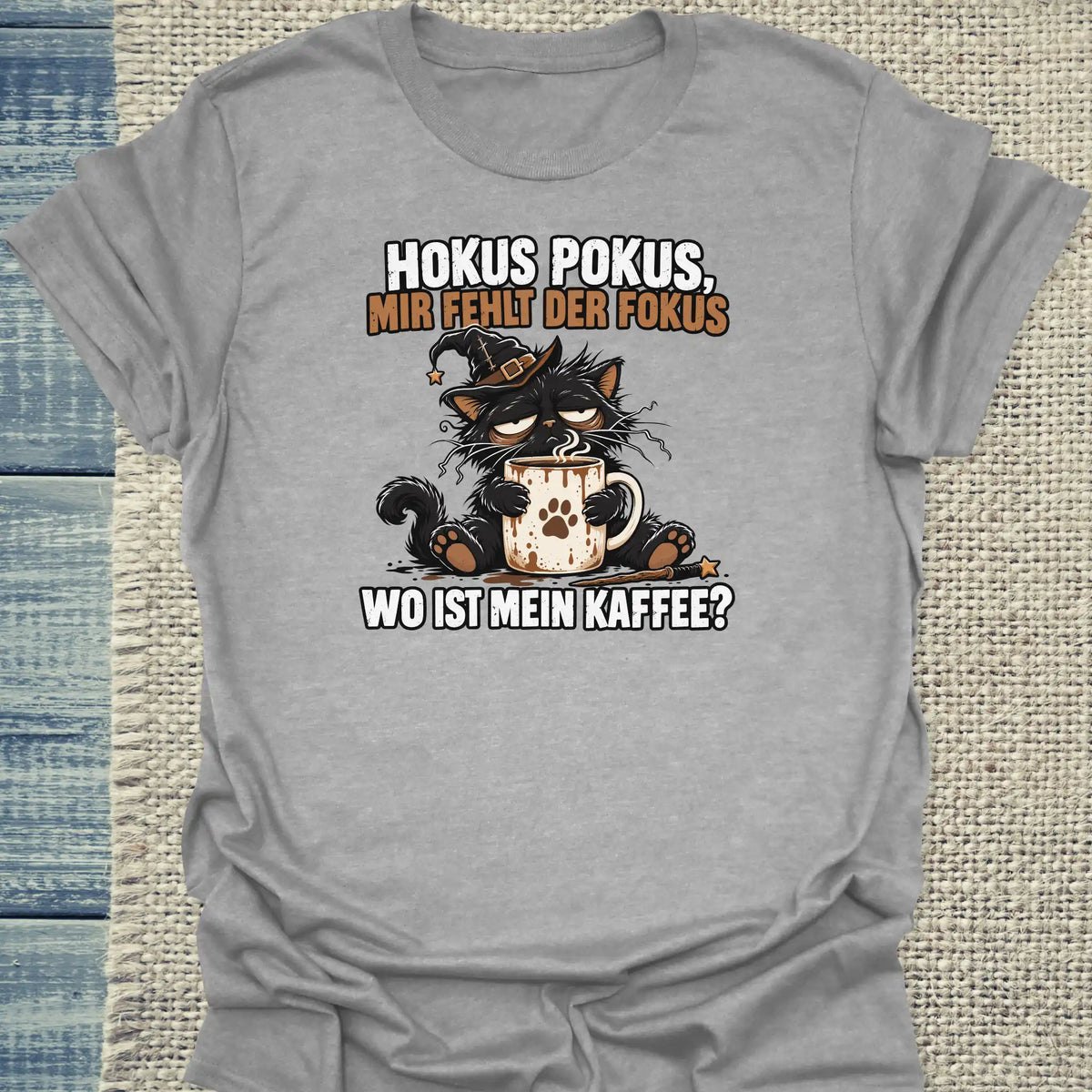 T-Shirt - Hokus Fokus - Unisex - Katze & Kaffee, Halloween Grau