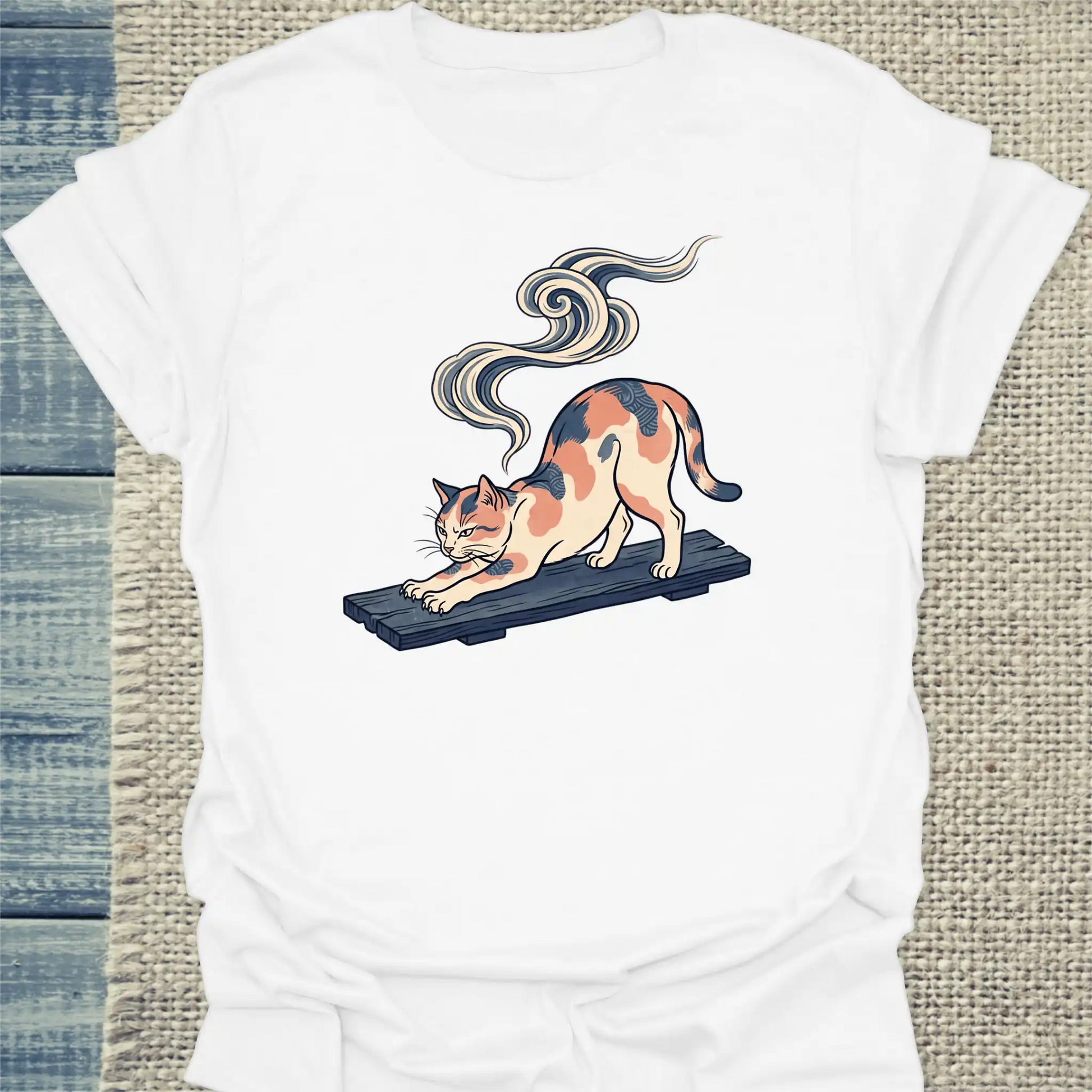 T-Shirt - Hokusai at Dawn - Unisex - Katze & Kaffee, Kunst Weiß